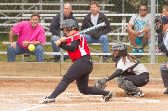 Freshman Megan Reed connects with the ball against Chemeketa.