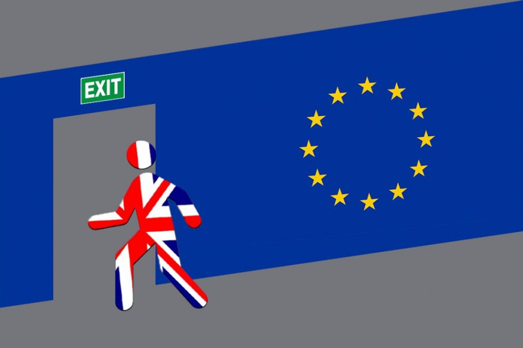 A digital graphic of a silhouette of a person with the overlay of the United Kingdom flag over top, exiting a room, which has the overlay of the EU flag.