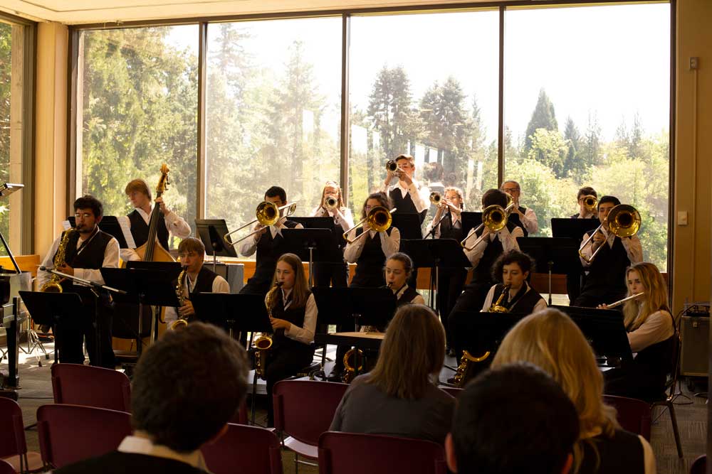 Group of students playing in a school band.