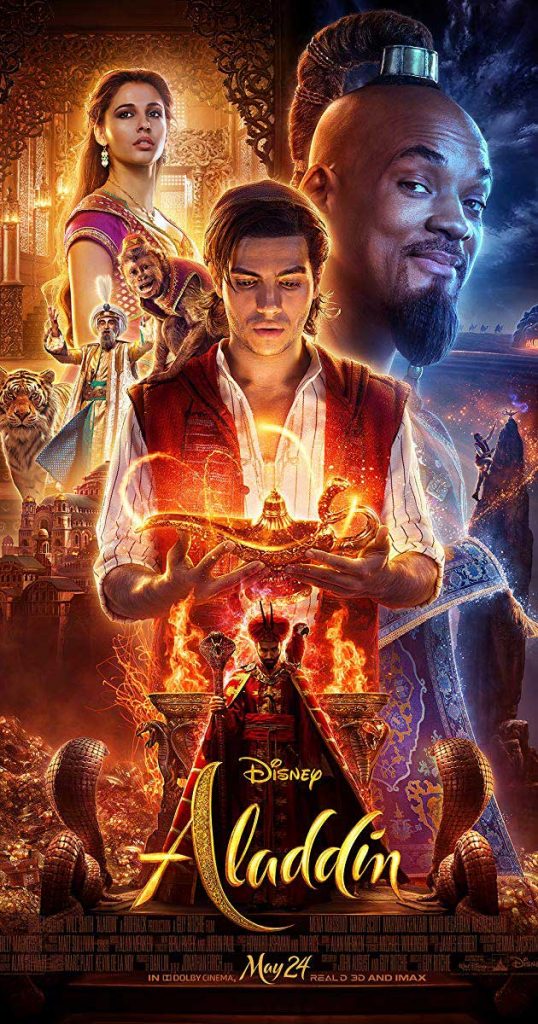 Movie poster from the live action Aladdin featuring Aladdin character holding the lamp, the Genie smirking on the right and Jasmine on the left with Jafar and Iago ominously on the bottom.