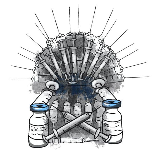 "Game of Thrones" Style throne made of syringes and flu shot vials.