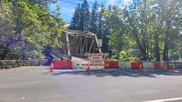 Stark Street bridge with road closed sign